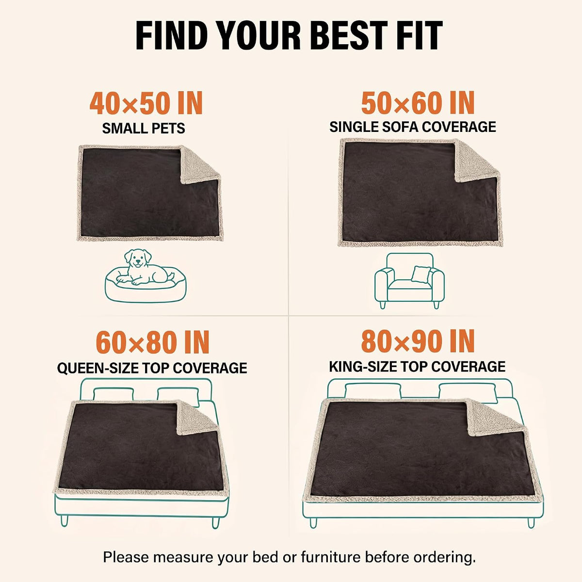 Waterproof Blanket for Bed, Reversible Leakproof Throw | 60 X 80 Inch, Brown, Washable Protector Cover for Couch and Sofa, Stain Proof Blanket for Pets, Kids and Everyday Spills