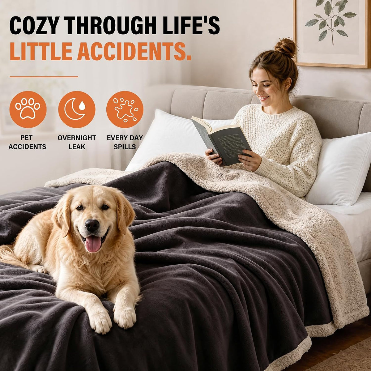 Waterproof Blanket for Bed, Reversible Leakproof Throw | 60 X 80 Inch, Brown, Washable Protector Cover for Couch and Sofa, Stain Proof Blanket for Pets, Kids and Everyday Spills